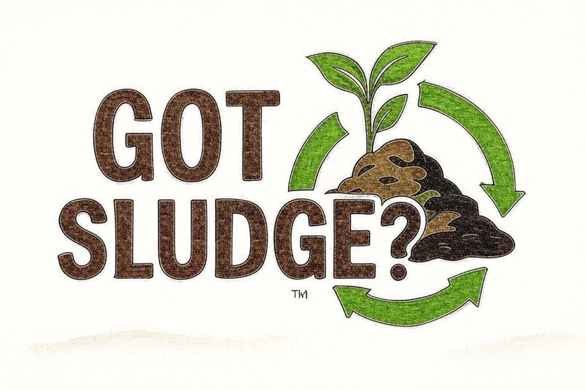 Got Sludge? A pile of sludge with a growing plant inside recycling arrows